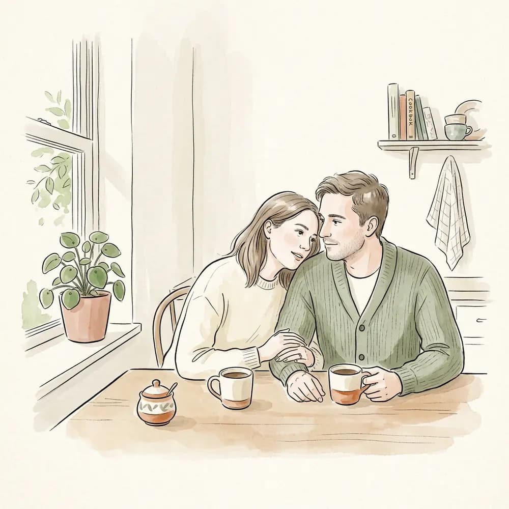 A couple sitting close together at a kitchen table in morning light, sharing coffee and talking.